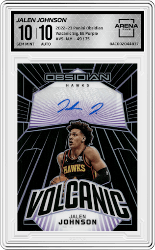 Jalen Johnson from the 2022-23 Panini Obsidian set featuring a Electric Etch Purple parallel graded by Arena Club and given an overall grade of 10.