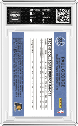 Paul George from the 2010-11 Donruss set graded by Arena Club and given an overall grade of 9.