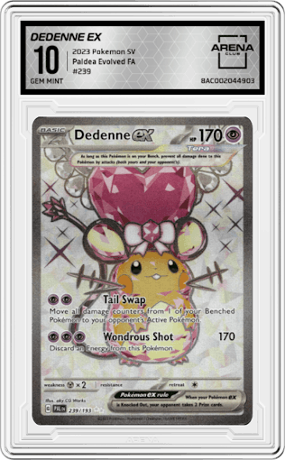 Dedenne ex from the 2023 Pokemon SV set graded by Arena Club and given an overall grade of 10.
