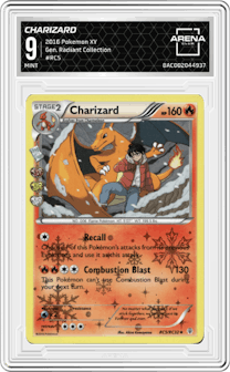Charizard from the 2016 Pokemon XY set graded by Arena Club and given an overall grade of 9.