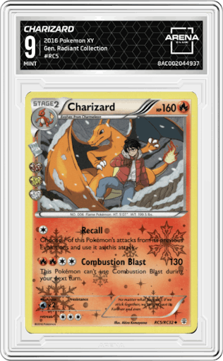 Charizard from the 2016 Pokemon XY set graded by Arena Club and given an overall grade of 9.