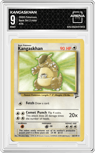 Kangaskhan from the 2000 Pokemon set graded by Arena Club and given an overall grade of 9.