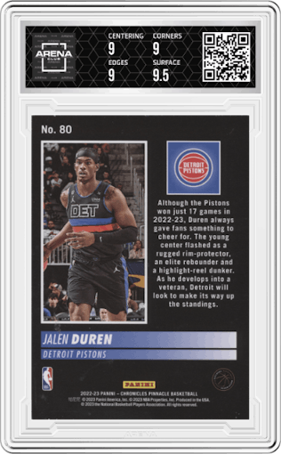 Jalen Duren from the 2022-23 Panini Chronicles  set featuring a Orange parallel graded by Arena Club and given an overall grade of 9.