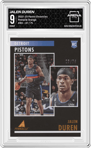 Jalen Duren from the 2022-23 Panini Chronicles  set featuring a Orange parallel graded by Arena Club and given an overall grade of 9.
