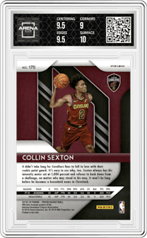 Collin Sexton from the 2018-19 Panini Prizm set featuring a Ruby Wave parallel graded by Arena Club and given an overall grade of 9.5.
