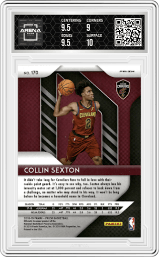 Collin Sexton from the 2018-19 Panini Prizm set featuring a Ruby Wave parallel graded by Arena Club and given an overall grade of 9.5.