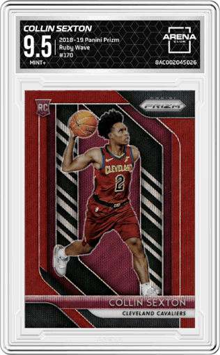 Collin Sexton from the 2018-19 Panini Prizm set featuring a Ruby Wave parallel graded by Arena Club and given an overall grade of 9.5.