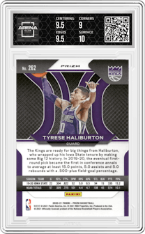 Tyrese Haliburton from the 2020-21 Panini Prizm set featuring a Red/White/Blue Prizm parallel graded by Arena Club and given an overall grade of 9.5.