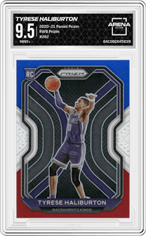 Tyrese Haliburton from the 2020-21 Panini Prizm set featuring a Red/White/Blue Prizm parallel graded by Arena Club and given an overall grade of 9.5.