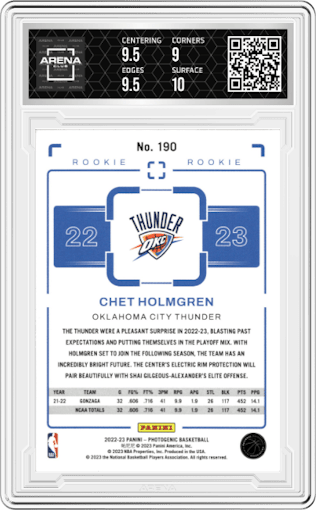 Chet Holmgren from the 2022-23 Panini Photogenic set graded by Arena Club and given an overall grade of 9.5.