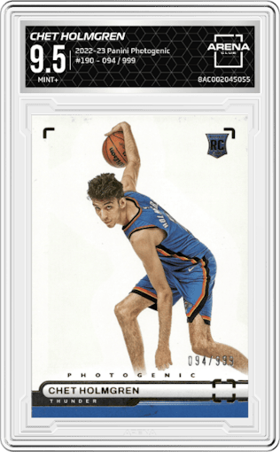 Chet Holmgren from the 2022-23 Panini Photogenic set graded by Arena Club and given an overall grade of 9.5.