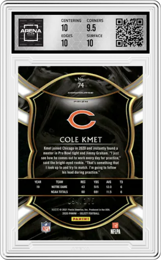 Cole Kmet from the 2020 Panini Select set featuring a Blue Prizm parallel graded by Arena Club and given an overall grade of 10.