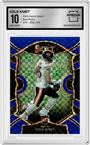 Cole Kmet from the 2020 Panini Select set featuring a Blue Prizm parallel graded by Arena Club and given an overall grade of 10.