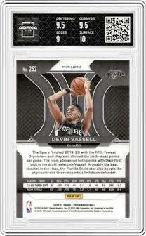 Devin Vassell from the 2020-21 Panini Prizm set featuring a Green Prizm parallel graded by Arena Club and given an overall grade of 9.5.