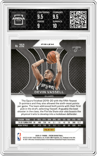 Devin Vassell from the 2020-21 Panini Prizm set featuring a Green Prizm parallel graded by Arena Club and given an overall grade of 9.5.