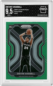 Devin Vassell from the 2020-21 Panini Prizm set featuring a Green Prizm parallel graded by Arena Club and given an overall grade of 9.5.
