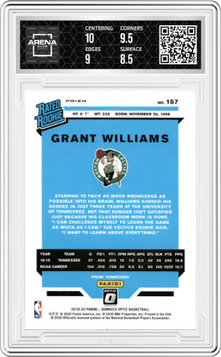 Grant Williams from the 2019-20 Panini Donruss Optic set featuring a Hyper Pink parallel graded by Arena Club and given an overall grade of 9.