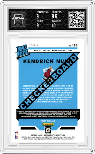 Kendrick Nunn from the 2019-20 Panini Donruss Optic set featuring a Checkerboard parallel graded by Arena Club and given an overall grade of 9.5.