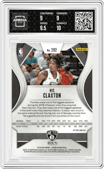Nicolas Claxton from the 2019-20 Panini Prizm set featuring a Green Prizm parallel graded by Arena Club and given an overall grade of 9.5.