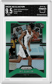 Nicolas Claxton from the 2019-20 Panini Prizm set featuring a Green Prizm parallel graded by Arena Club and given an overall grade of 9.5.