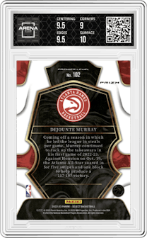 Dejounte Murray from the 2022-23 Panini Select set featuring a Red Wave parallel graded by Arena Club and given an overall grade of 9.5.