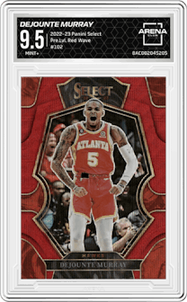 Dejounte Murray from the 2022-23 Panini Select set featuring a Red Wave parallel graded by Arena Club and given an overall grade of 9.5.