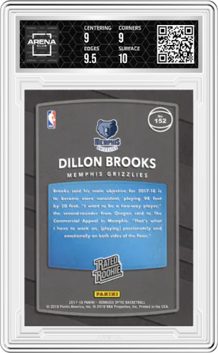 Dillon Brooks from the 2017-18 Panini Donruss Optic set featuring a Red/Yellow  parallel graded by Arena Club and given an overall grade of 9.5.