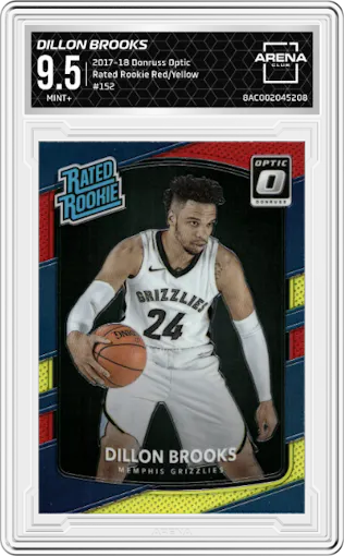 Dillon Brooks from the 2017-18 Panini Donruss Optic set featuring a Red/Yellow  parallel graded by Arena Club and given an overall grade of 9.5.