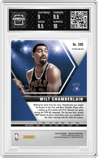 Wilt Chamberlain from the 2019-20 Panini Mosaic  set featuring a Mosaic parallel graded by Arena Club and given an overall grade of 9.5.