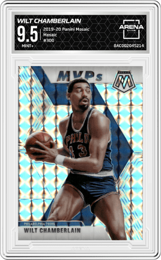 Wilt Chamberlain from the 2019-20 Panini Mosaic  set featuring a Mosaic parallel graded by Arena Club and given an overall grade of 9.5.