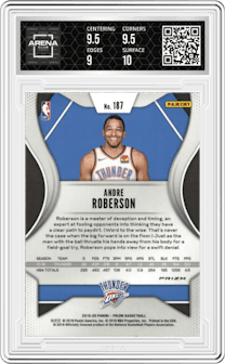 Andre Roberson from the 2019-20 Panini Prizm set featuring a Ruby Wave parallel graded by Arena Club and given an overall grade of 9.5.