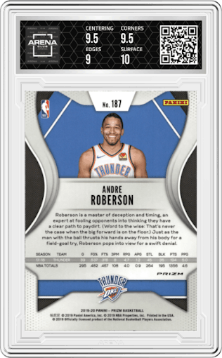 Andre Roberson from the 2019-20 Panini Prizm set featuring a Ruby Wave parallel graded by Arena Club and given an overall grade of 9.5.