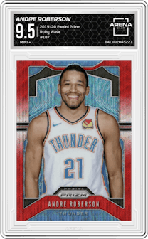 Andre Roberson from the 2019-20 Panini Prizm set featuring a Ruby Wave parallel graded by Arena Club and given an overall grade of 9.5.