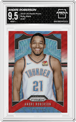 Andre Roberson from the 2019-20 Panini Prizm set featuring a Ruby Wave parallel graded by Arena Club and given an overall grade of 9.5.