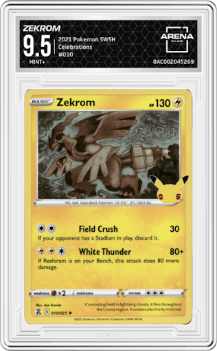 Zekrom from the 2021 Pokemon SWSH set graded by Arena Club and given an overall grade of 9.5.