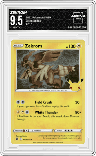 Zekrom from the 2021 Pokemon SWSH set graded by Arena Club and given an overall grade of 9.5.