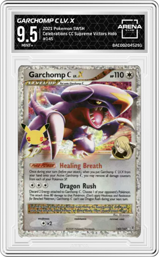 Garchomp C LV. X from the 2021 Pokemon SWSH set featuring a Supreme Victors parallel graded by Arena Club and given an overall grade of 9.5.
