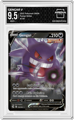 Gengar V from the 2021 Pokemon SWSH set graded by Arena Club and given an overall grade of 9.5.