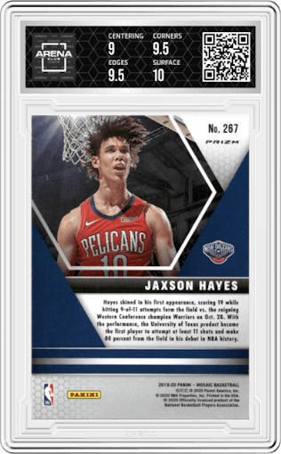 Jaxson Hayes from the 2019-20 Panini Mosaic  set featuring a Reactive Blue parallel graded by Arena Club and given an overall grade of 9.5.
