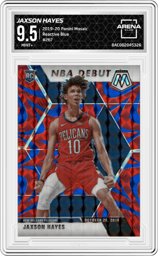 Jaxson Hayes from the 2019-20 Panini Mosaic  set featuring a Reactive Blue parallel graded by Arena Club and given an overall grade of 9.5.