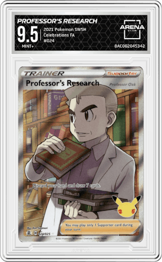 Professor's Research from the 2021 Pokemon SWSH set graded by Arena Club and given an overall grade of 9.5.