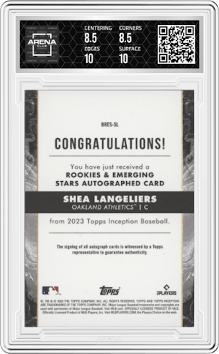 Shea Langeliers from the 2023 Topps Inception set featuring a Orange parallel graded by Arena Club and given an overall grade of 9.