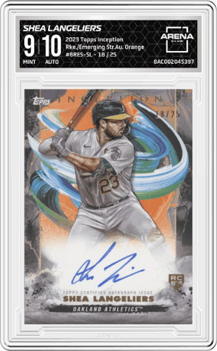 Shea Langeliers from the 2023 Topps Inception set featuring a Orange parallel graded by Arena Club and given an overall grade of 9.