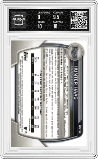 Hunter Haas from the 2023 Bowman Draft Sapphire set graded by Arena Club and given an overall grade of 9.5.