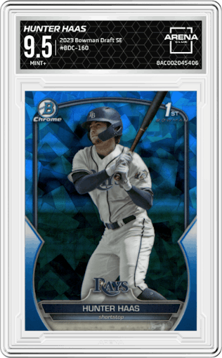 Hunter Haas from the 2023 Bowman Draft Sapphire set graded by Arena Club and given an overall grade of 9.5.