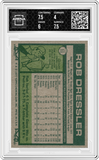 Rob Dressler from the 1977 Topps set graded by Arena Club and given an overall grade of 4.5.