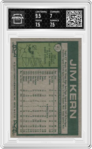 Jim Kern from the 1977 Topps set graded by Arena Club and given an overall grade of 7.5.