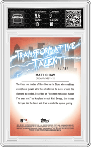 Matt Shaw from the 2023 Bowman Draft set featuring a Green Refractor parallel graded by Arena Club and given an overall grade of 9.5.
