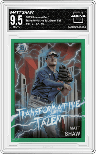 Matt Shaw from the 2023 Bowman Draft set featuring a Green Refractor parallel graded by Arena Club and given an overall grade of 9.5.