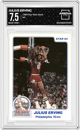 Julius Erving from the 1984 Star Slam Dunk Championship set graded by Arena Club and given an overall grade of 7.5.